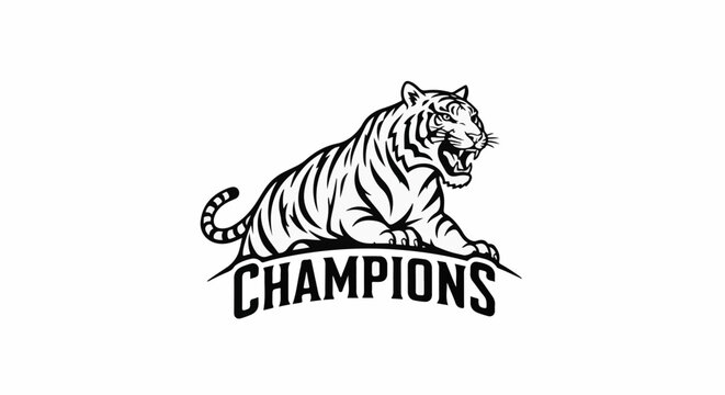 Fierce tiger with open mouth on white background with word "CHAMPIONS