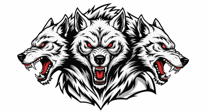 Fierce triple-headed wolf with glowing red eyes and bared fangs