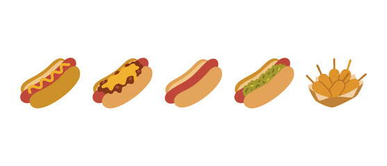 Hot dog and corn dog collection, flat vector illustration of fast food snacks, mustard, chili cheese, plain, relish toppings, isolated design elements for restaurant menu or food festival concept © Fernando