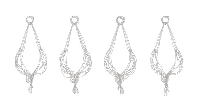 Four stylized renderings of macrame plant hangers arranged horizontally. The designs are simplistic
