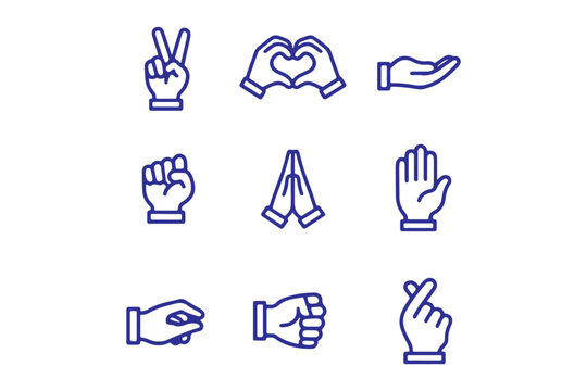 Hand gesture outline icons set with pointing thumbs handshake and swipe vector illustration
