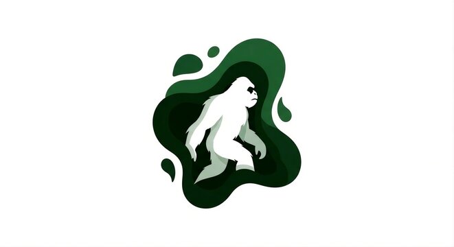 Stylized White Bigfoot Silhouette Amidst Dark Green Abstract Organic Shape Background