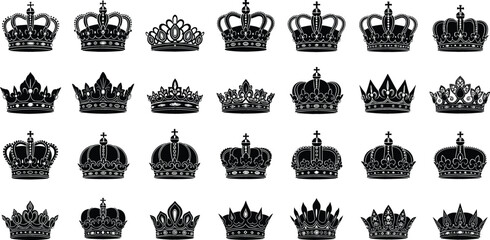 Set of ornate royal crown silhouettes, vintage king and queen tiaras collection, decorative heraldic monarchy symbols in black vector isolated on white background © MdRazaul