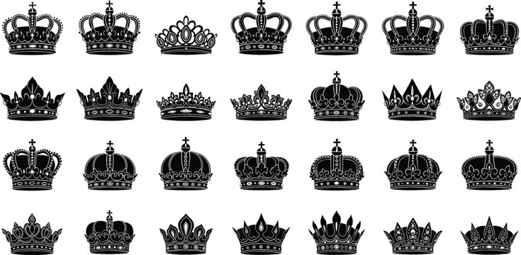 Set of ornate royal crown silhouettes, vintage king and queen tiaras collection, decorative heraldic monarchy symbols in black vector isolated on white background