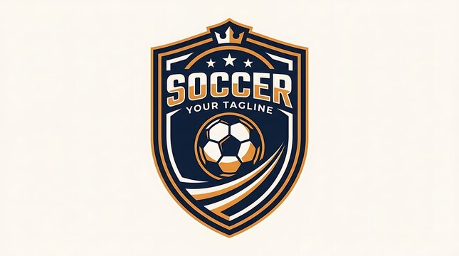Soccer team logo with crest, stars, and soccer ball in navy blue and orange