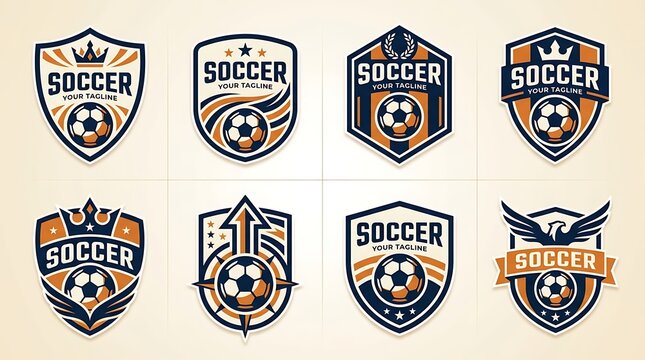 Collection of eight soccer team logos with shields and soccer balls