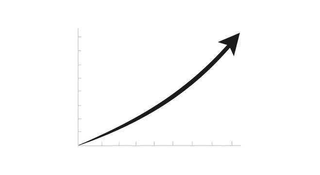 Minimalist business growth arrow on coordinate axis, black upward curve line chart, financial success and economic progress vector illustration