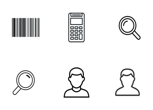 A set of six icons including a barcode, calculator, magnifying glass, and people