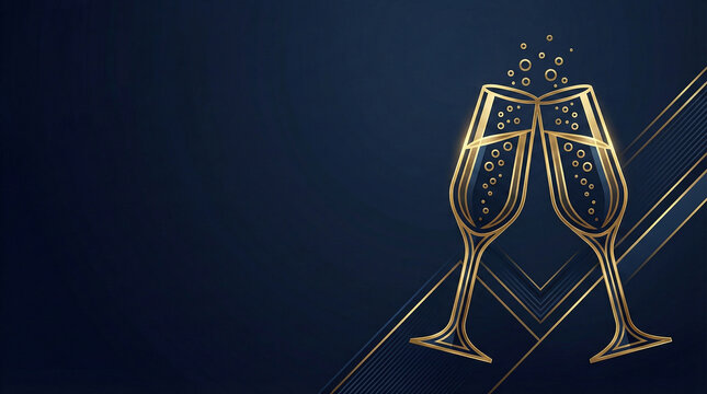 Golden Line Art Illustration of Two Champagne Glasses Toasting on Dark Blue Background, Elegant Luxury Design with Sparkling Bubbles for New Year, Wedding, and Anniversary Celebration Invitation
