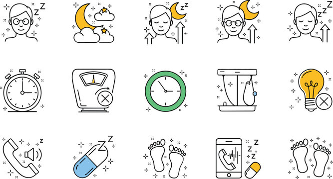 Sleep routine icons set with bedtime habits, healthy lifestyle elements including alarm clock, pillow, tea, earplugs and relaxation symbols, flat vector illustration collection