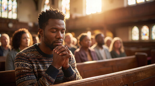 Faithful mature black man finding inner peace and mental support through prayer in spiritual community