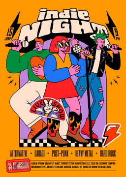 Vibrant "Indie Night" poster design featuring energetic performers, ideal for promoting live music parties, concerts, or festivals with a fun, eclectic vibe