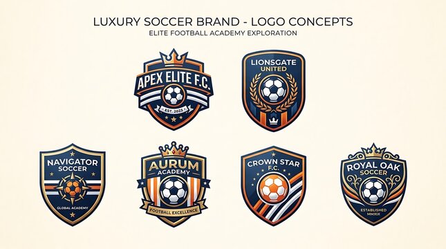 Luxury soccer brand logo concepts with shields and footballs