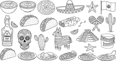 Mexican culture hand drawn vector set featuring tacos tequila skull sombrero maracas cactus and traditional food elements in detailed vintage sketch style illustration © MdRazaul