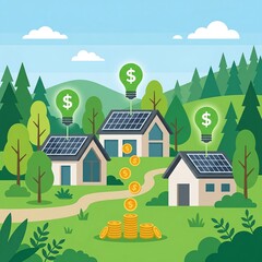 Naklejka premium Sustainable House Investment Concept with Solar Energy and Financial Growth Illustration