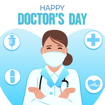 Doctor's Day celebration concept with a female doctor character in a medical uniform and icons. Vector illustration.