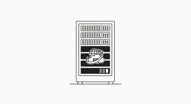 Minimalist cloud server rack vector illustration, data center hardware icon, global network hosting and storage infrastructure graphic