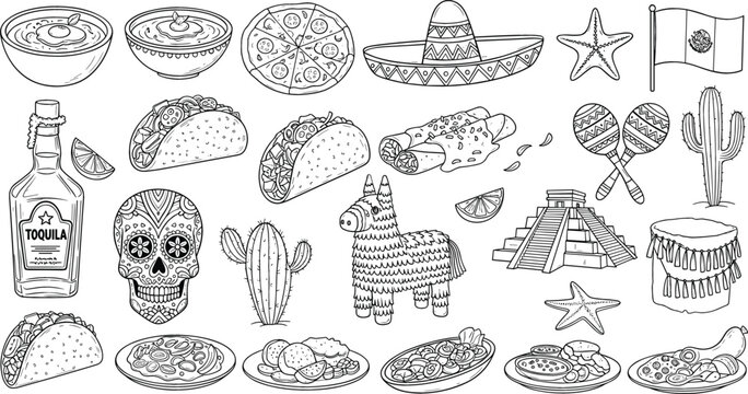 Mexican culture hand drawn vector set featuring tacos tequila skull sombrero maracas cactus and traditional food elements in detailed vintage sketch style illustration