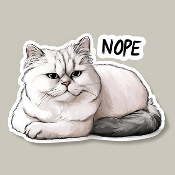 Fluffy white grumpy cat sticker illustration with nope text