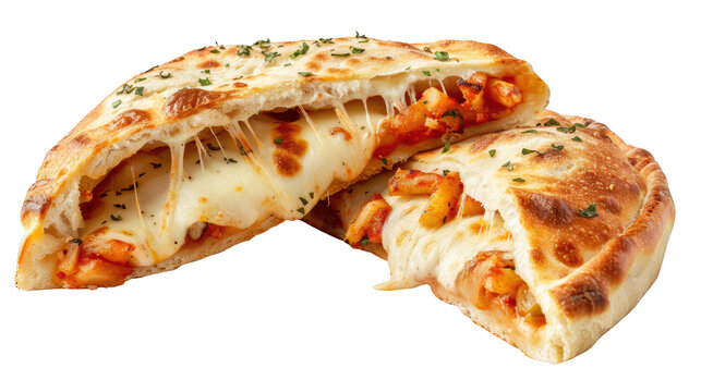 Cheesy Calzone Cut Open with Melted Mozzarella and Tomato Filling Isolated on Transparent Background