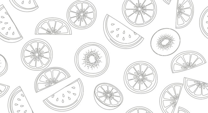 Seamless fruit outline pattern with minimalist line art of orange watermelon and kiwi slices.