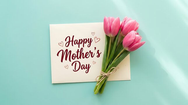 Happy mothers Mother's Day day envelope with bunch of fresh pink tulips on turquoise surface
