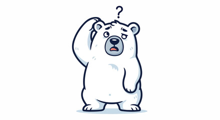 Fototapeta premium Playful confused polar bear cartoon raises a paw to its head with a puzzled look, inviting curiosity