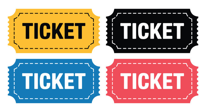 Four rectangular admission tickets in yellow black blue and red colors with scalloped edges and dashed border lines featuring the word t i c k e t in bold capital letters centered on each label