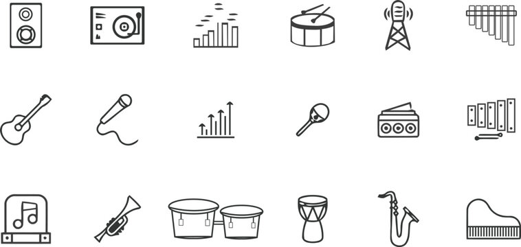 Collection of musical instruments icons in black and white line art