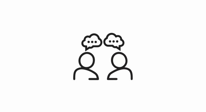 Two minimalist figures in conversation, speech bubbles above heads