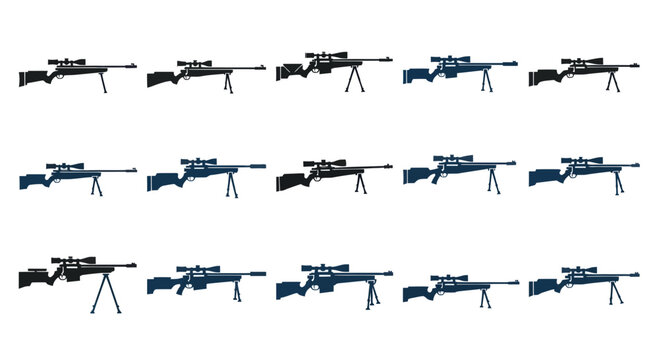 Sniper Rifle Collection with Scope and Bipod, Isolated on White Background