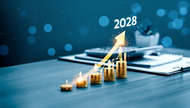 Golden rocket with stacked coins and lit candles on desk against 2028 digital background