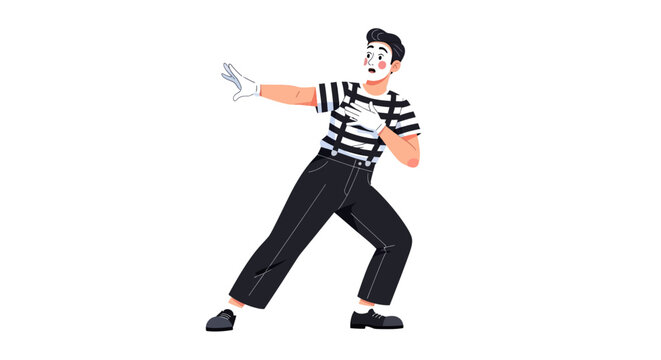 Flat vector illustration of a professional mime artist performing a surprised pantomime act
