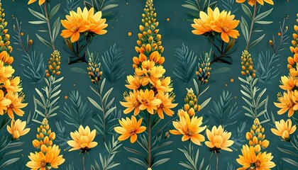Obraz premium Dark Teal Olive Yellow Cottage Flowers Floral Surface Repeat Print Impressionist v20260424060145