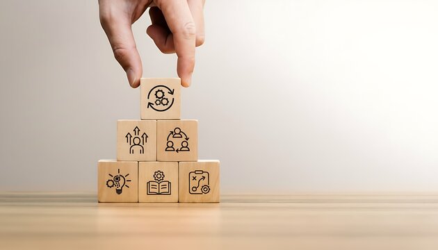 Hand placing wooden block with dollar sign on stack of household chore cubes
