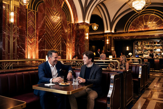 Mature Father And Teenage Son Sitting In Luxury Art Deco Bar Interior Drinking Water And Whiskey Celebrating Father Day In Elegant Restaurant With Marble Wall