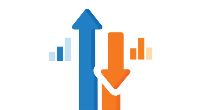 Financial growth and decline arrows, blue up and orange down trend indicators, business data analysis vector, market fluctuation chart icons