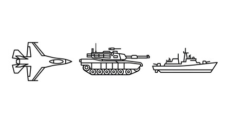 Military vehicles line art fighter jet tank and warship © Anjumanara Rakhi