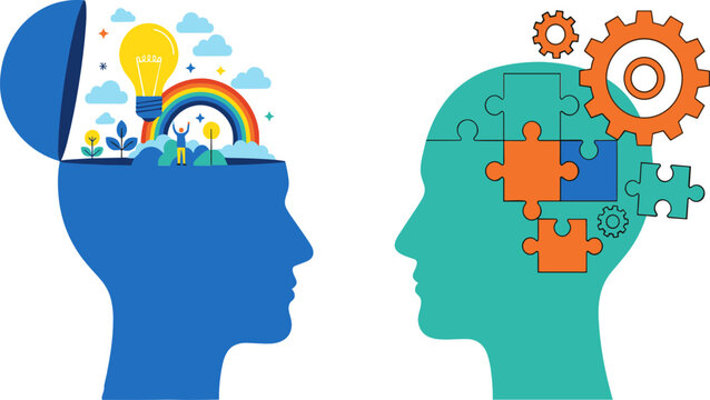 Creative thinking and problem solving concept with human head silhouettes, colorful ideas, puzzle pieces, gears, innovation and intelligence flat vector illustration