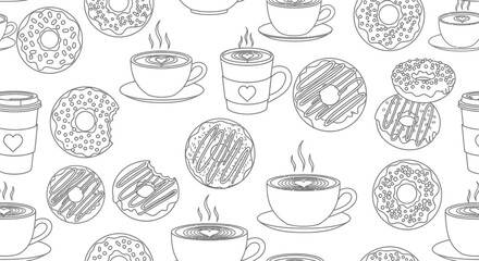 Seamless line art pattern of coffee and donuts for coloring page © Bagaskara