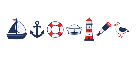 Nautical icons set with boat, anchor, lifebuoy, sailor hat, lighthouse, telescope and seagull. Vector illustration collection of maritime symbols for travel, ocean themes, and summer design elements. © Fernando