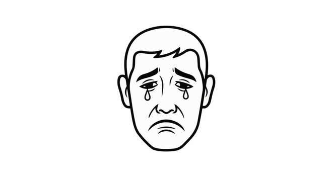 A simple black and white illustration of a sad, crying person's face