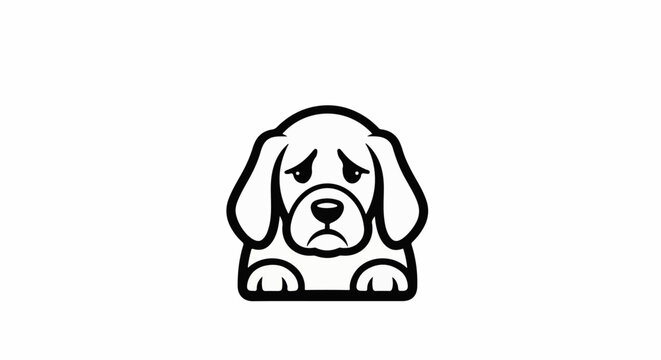 A simple black and white illustration of a sad puppy's face with droopy ears and paws