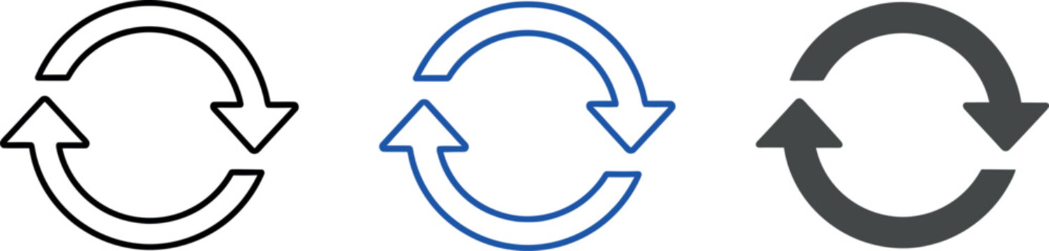 Three circular arrows icons for refresh and reload with refresh icon recycle icon rotate icon repeat icon arrow icon sync icon update icon