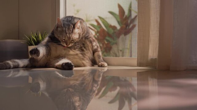 Obese gray tabby American Shorthair cat licking belly then looking at camera in cozy home. Slow zoom-in with warm sunlight and natural shadows creates a peaceful harmonious mood.