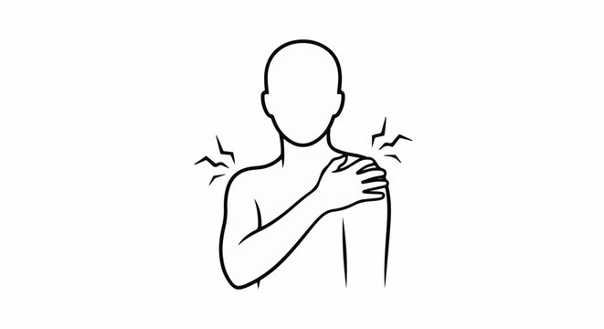 Person experiencing shoulder pain, hand on sore area, jagged lines indicate discomfort
