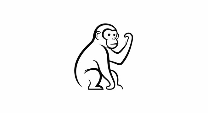 A stylized black and white outline drawing of a monkey sitting