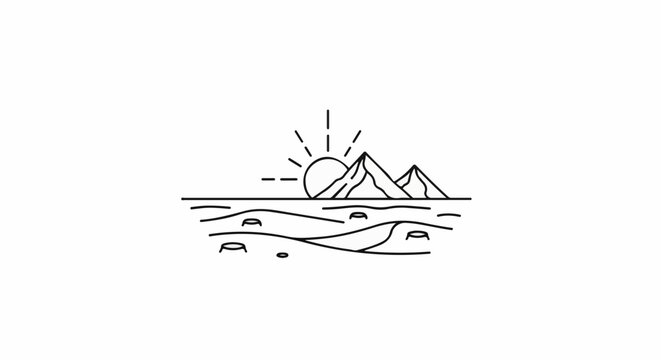 Minimalist line art depicts a sun rising over two jagged mountains and barren, deforested land