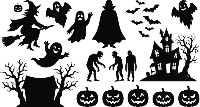 Black silhouettes of halloween characters including a witch on a broomstick ghosts a vampire zombies a haunted house bats and carved jack o lantern pumpkins on a white background