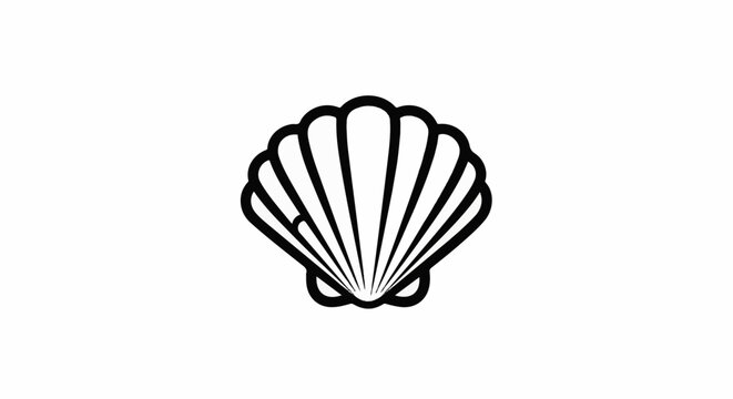 Black line art drawing of a single scallop shell on a white background